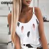 New Women Fashion Summer Casual Feather Print Spaghetti Straps Sleeveless Tank Tops