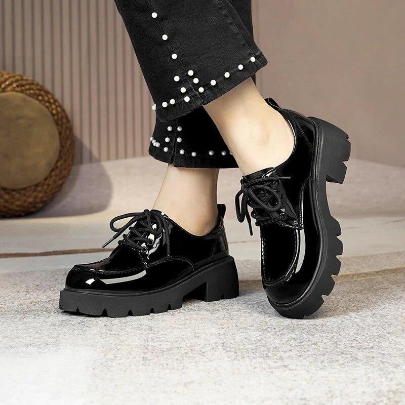 Women Loafers  Women Shoes British Style Platform Lace-up Round Toe Women's Shoes