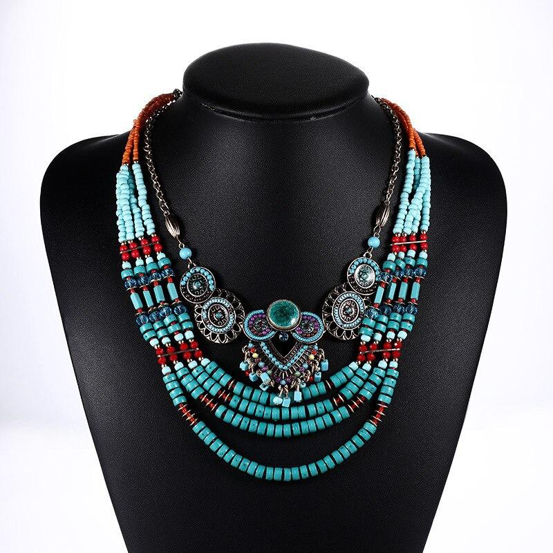 Beaded Bib Necklace Bohemia Vintage Handmade National Beads Multi Layer Colorful Jewelry Necklace for Women