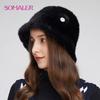 Winter Real Mink Fur Bucket Hats with Fur Flowers Formal Hat Knitted Bonnet Beanie