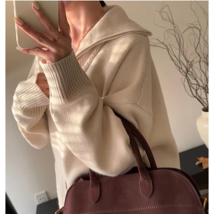 Double Zipper Lapel Thick Lazy Style Sweater Autumn and Winter Loose Large Size Solid Color Sweater Women