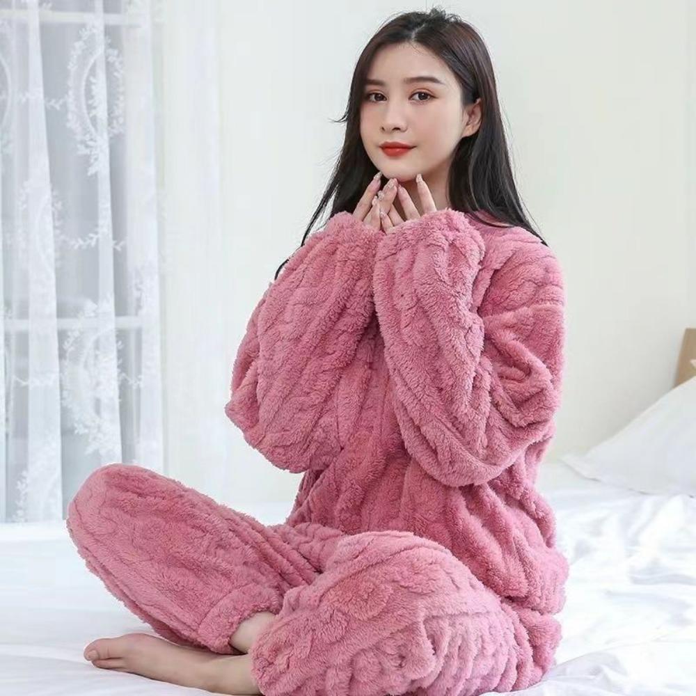 Autumn Women Solid Warm 2 Piece Sets Thicken Velvet Ribbed Fleece Set Pullover and Pants Women Casual Pajama Sets