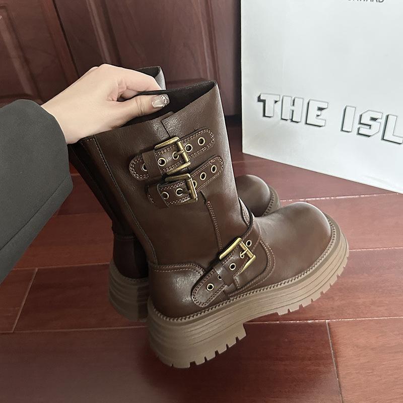 Martin Boots Women's Autumn and Winter New Thick Heel Belt Buckle Round Head Thick Sole Retro Western Cowboy Boots Locomotive Boots