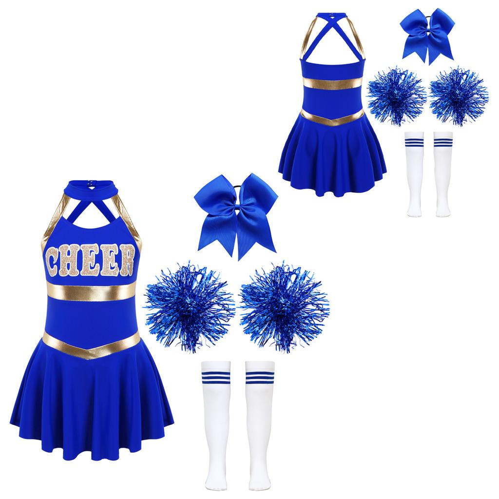 Cheer Leader Halloween Costume for Girls Sleeveless Tank  Dress Outfit with Pom Poms for Cheerleading Dancing