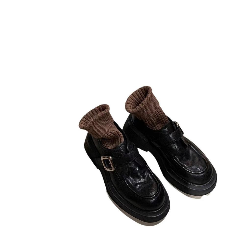 Cowhide Version Grape Mother Washed Horse Leather Round Head Buckle with British One-pedal Small Leather Shoes Women's Platform Heightening Loafers