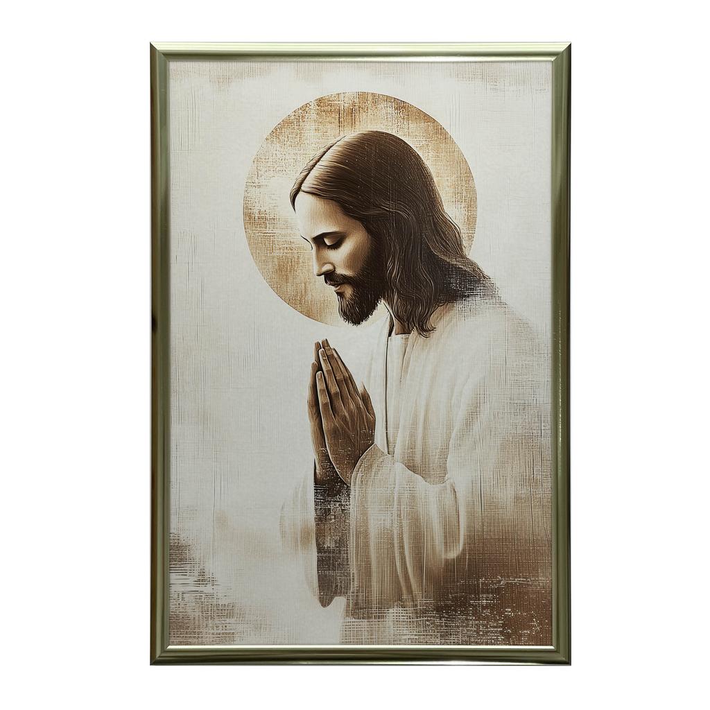 Jezus W Modlitwie - Złota Aureola Jezus W Modlitwie - Złota Aureola, 40X50 Cm, Rama Aluminiowa Złota, Papier Matowy 230 Gsm