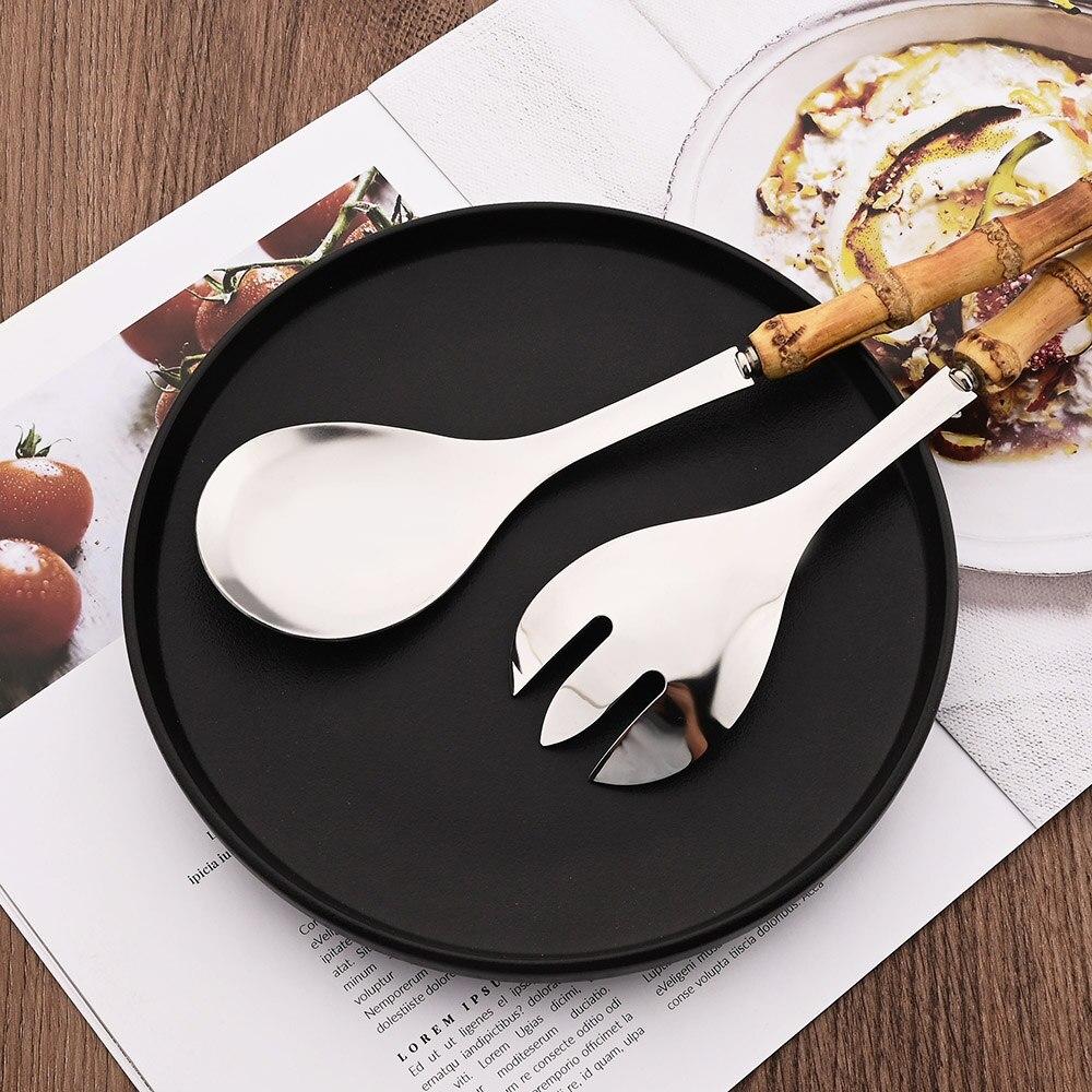 2Pcs Serving Utensils Cutlery 304 Stainless Steel Big Fork and Spoon with Natural Bamboo Handle Food Serving Salad Spork Server Spoon Tableware Set