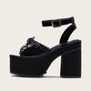Gdgydh Platform Heels for Women Patent Leather Goth Platform Sandals Womens Chunky Heel Open Toe Ankle Strap Fashion Bowknot