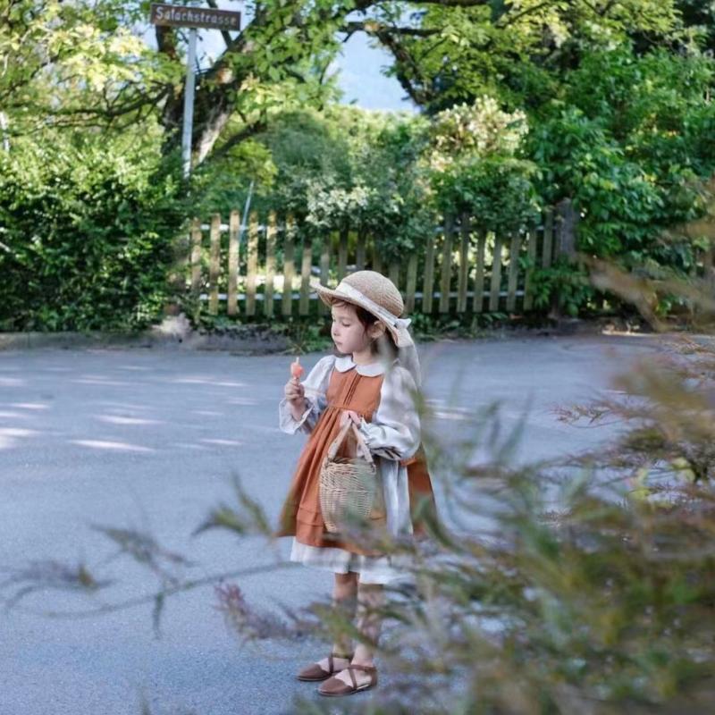 Girl Princess Dress 2023 Spring Autumn New Korean Kids Orange and Beige Retro Cotton Linen Embroidered Dresses Two Piece Set