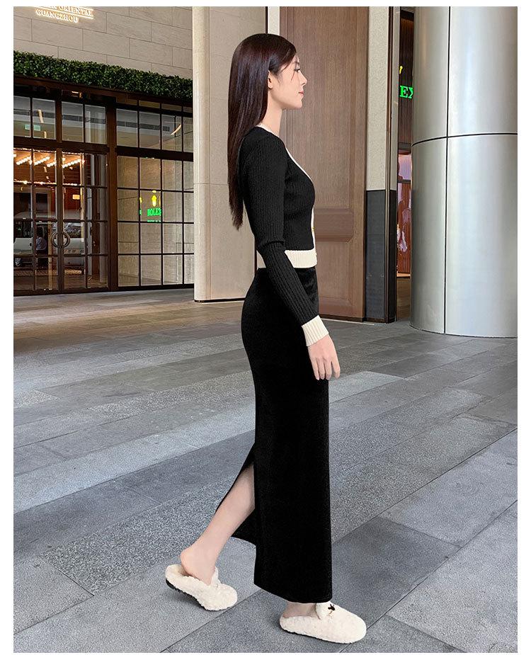 2025 Stylish Gold Velvet High-Waist Midi Skirt for Women - Black, Autumn/Winter, Sexy Long Slit