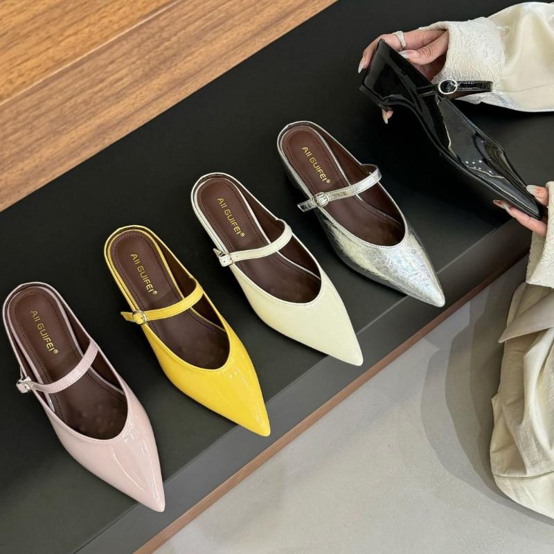 Fashion High Quality Pointed Toe Patent Leather Women Sandal Fashion Narrow Band Buckle Slide Sandals Elegant Comfort Heeled Shoes Woman