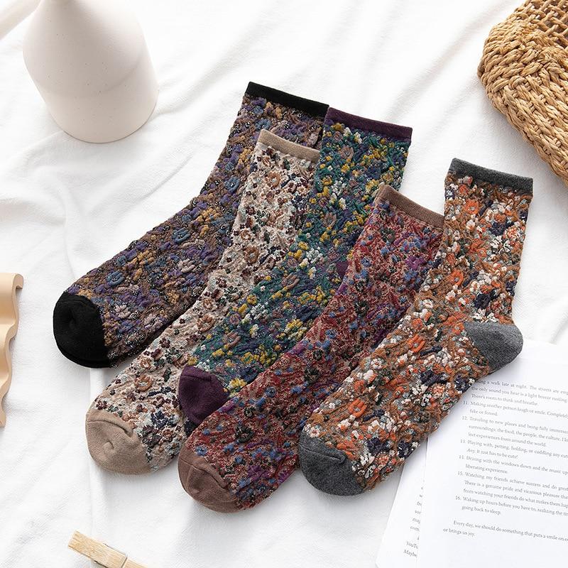 Winter Warm Flower Vintage Socks Women Korean Ins Fashion Kawaii Harajuku Mori Girl Socks Skarpetki Kobieta Femme Chaussettes