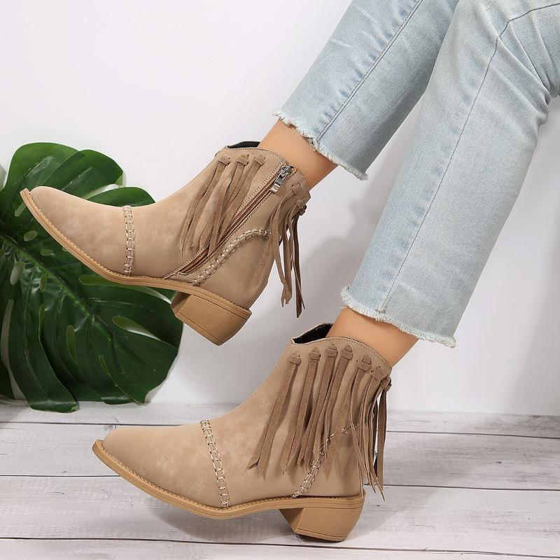Fashion Fall New Chunky Single Boots Women's Pointed Suede Fringe Side Zipper Comfortable Mid-heel Ankle Boots