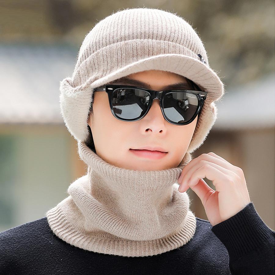 Men's Winter Big Head Circumference Elastic Thick Knitted Hat Scarf Two-Piece Set for Middle-Aged and Elderly Grandpa Hat