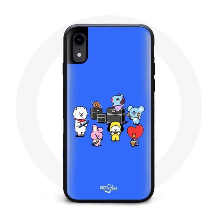 Case for Iphone XS BTS BT21 Tata Chimmy Cooky Rj Koya Shooky And Mang Play Music Blue Background