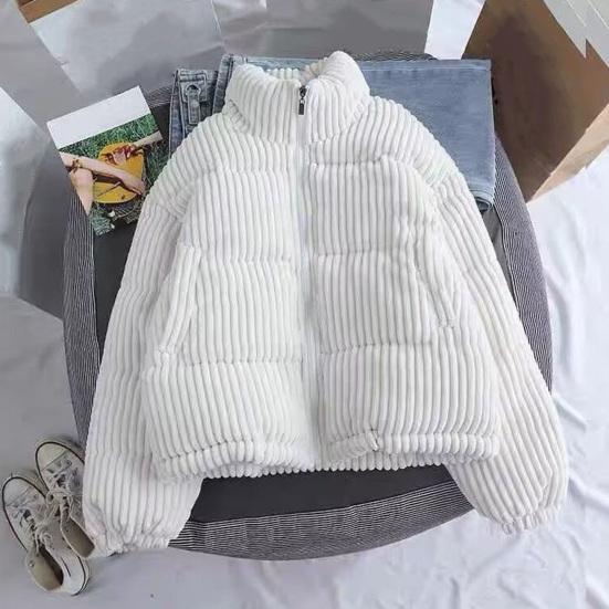 Women Auutmn Winter Coat Stand Collar Neck Protection Striped Texture Loose Thick Long Sleeve Solid Color Heat Retention Lady Outdoor Jacket