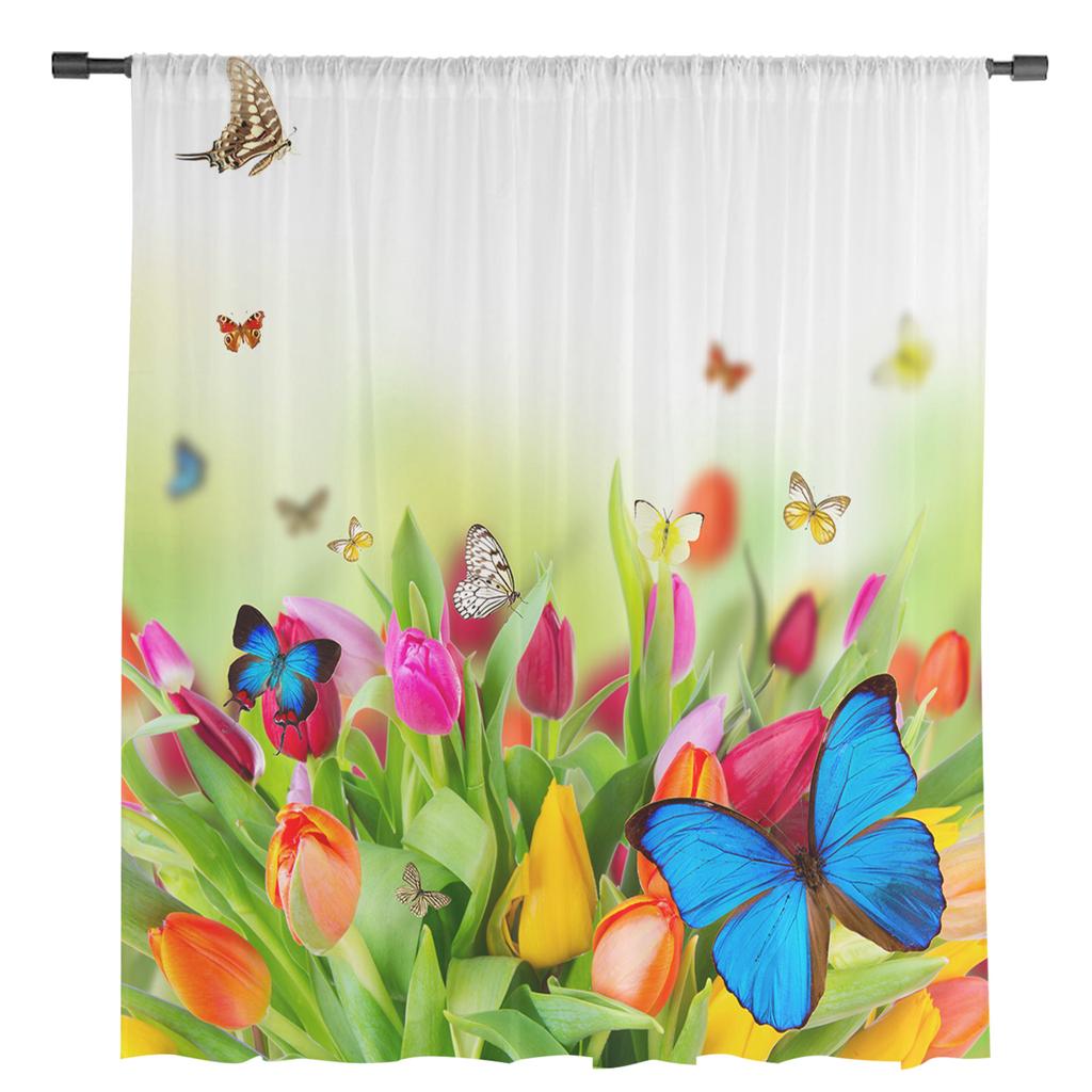 Butterfly Tulip Leaf Flower Sheer Curtains for Living Room Decoration Window Curtains for Kitchen Tulle Voile Organza Curtains