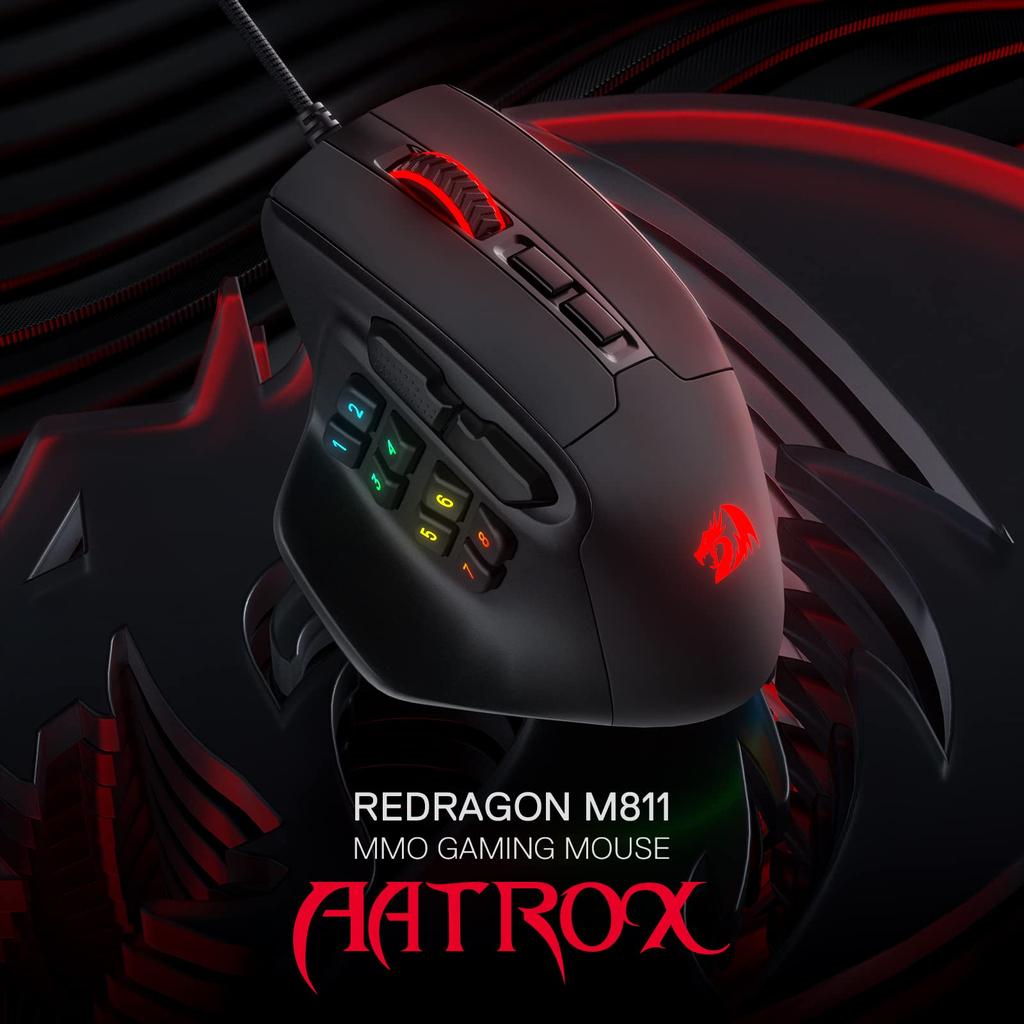 Redragon M811 Aatrox MMO Gaming Mouse 15 Programmable Buttons Wired RGB Gamer Mouse Ergonomic Natural Grip Build 10 Side Macro Keys Software DIY