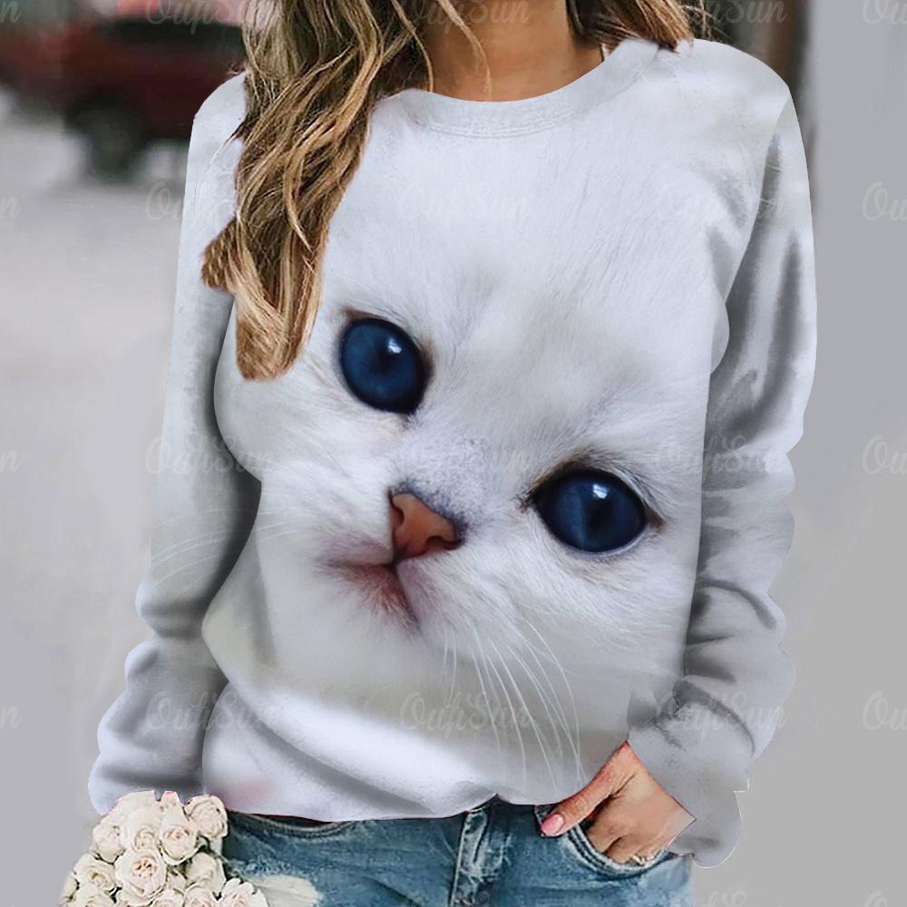 Women's Cat Big Head Cute Print Long Sleeve T-shirt Casual Loose Pullover Female Streetwear Cute Tops Fashion Trend