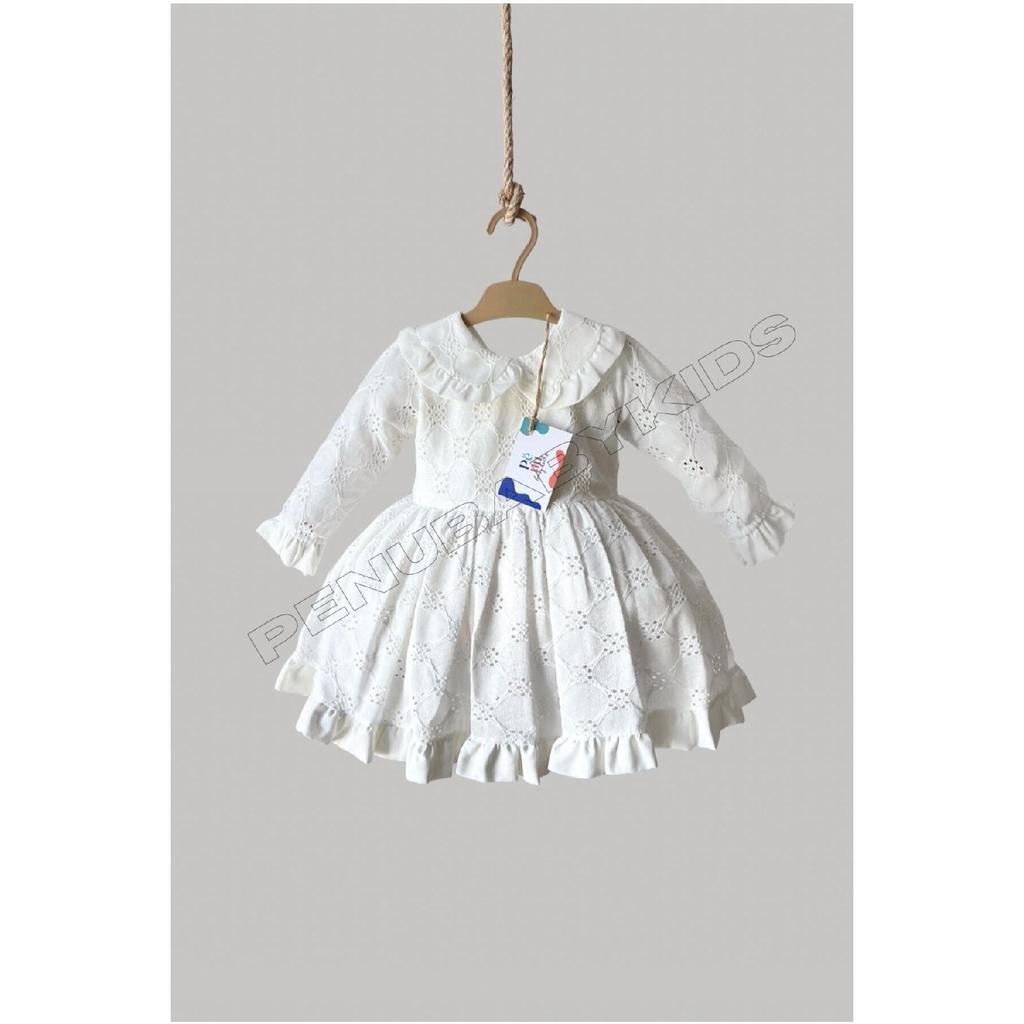 White Scalloped Baby Collar Long Sleeve Baby Girl Dress - Angel