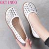 Fashion GKTINOO White Genuine Leather Ladies Breathable Summer Shoes Women Flats Slip-On Loafers Round Toe Soft Flat Shoes Casual