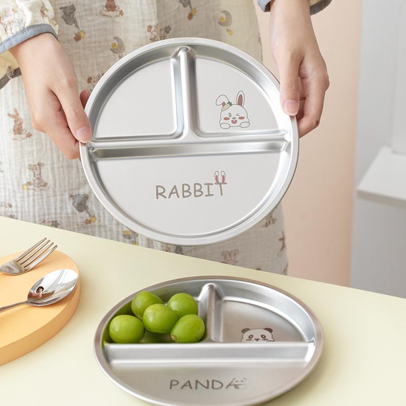 Round Dining Plate 304 Stainless Steel Food Plate Divided Breakfast Plate 3 Grids Cute Tableware Stackable Fruit Salad Plate Set