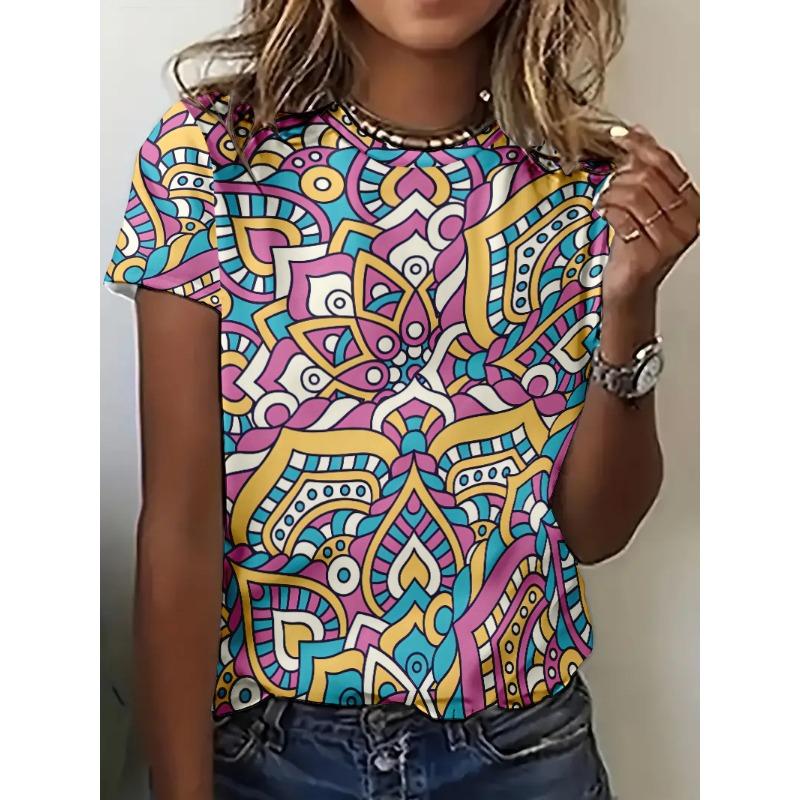 Retro Style 3D Printed T-shirts with Fashionable Round Neck Short Sleeved Top Featuring Ethnic Patterns Women's T-shirts