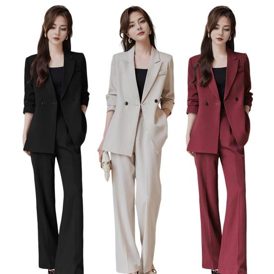 3 Pcs/Set Lady Formal Suit Coat Pants Set Turn-down Collar Button Decor Long Sleeves Jacket Loose Pure Color Trousers Casual Commuting Business Outfit