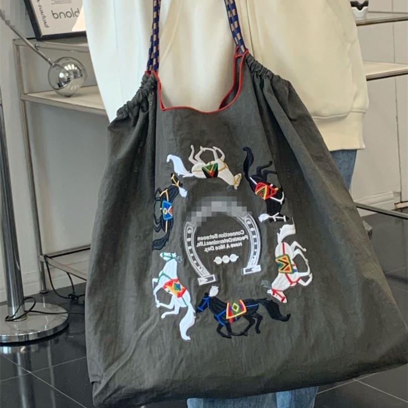 Women's Embroidered Large-Capacity Canvas Tote Bag: Foldable Nylon Crossbody Handbag