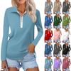 Women's Spring And Fashion Casual Solid Color Printed Zipper V-Neck Long Sleeve Shirt Tops