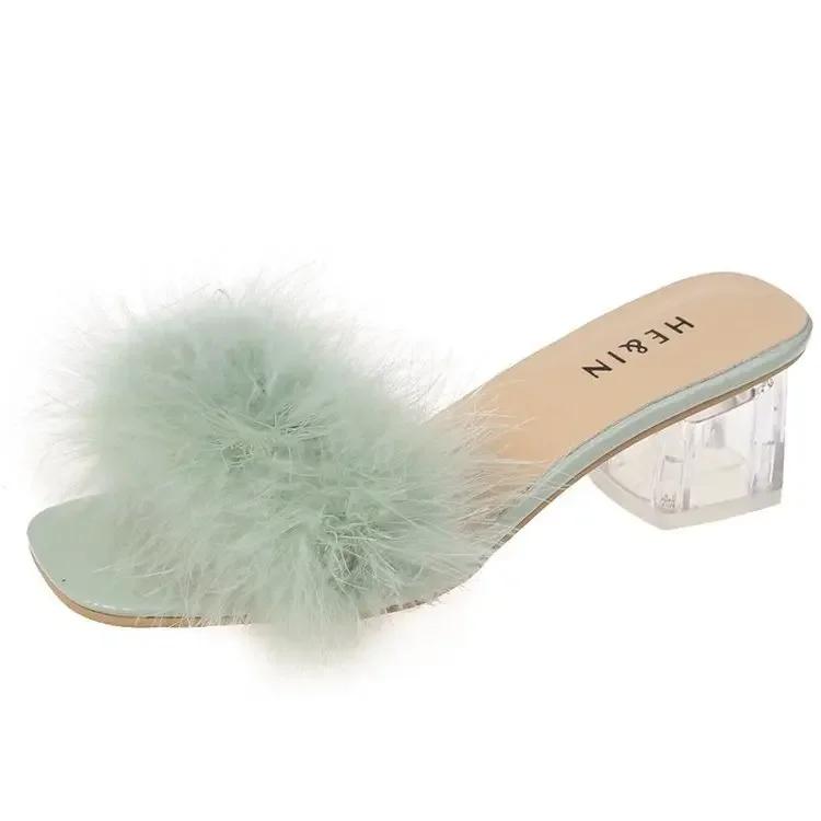 Mules Sandal Women Summer Outdoor Fashion Slippers Square Toe High Heels Office Ladies Feather Slides Chic Classics Furry Shoes