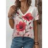 Women's Flower V-neck Short Sleeved T-shirt Fashionable Loose T-shirt