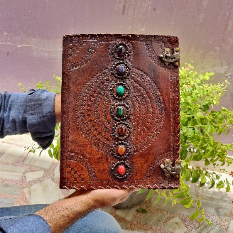 Handmade Leather Journal Spell Book of Shadows Leather Grimoire Journal Leather Notebook Recipe Book Chakra Notebook Christmas