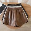 Шорты, женские тонкие широкие брюки с высокой талией, однотонные повседневные кожаные брюки