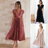 Women's V-Neck Sleeveless Breathable Dress Pleated Loose Zipper Closure Dress Casual Gown Elegant for Office