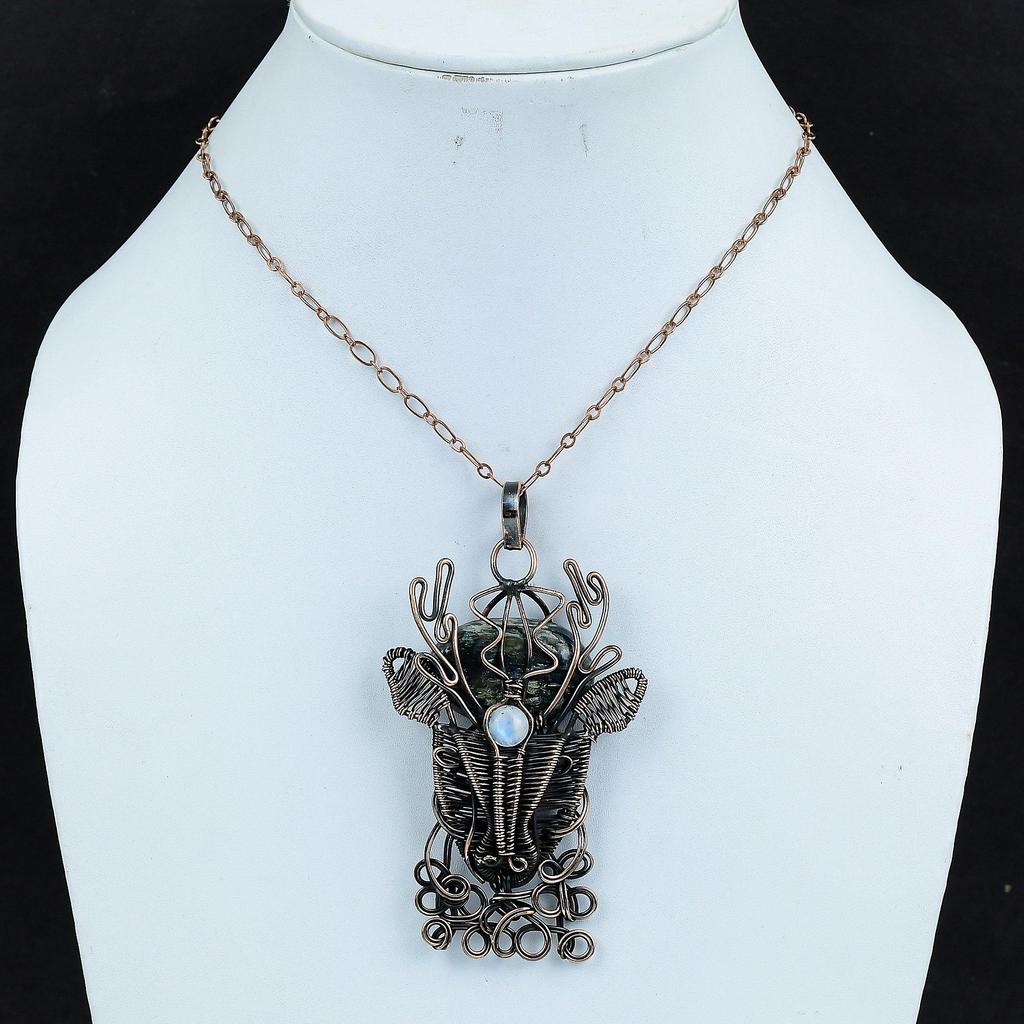 Kyanite Pendant Copper Wire Wrapped Rainbow Moonstone Pendant Gemstone Jewelry Deer Face Pendant Handmade Pendant Very Pretty Copper Jewelry