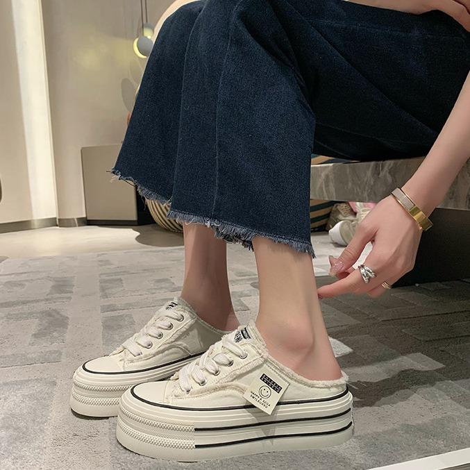 Heelless Bag Head Half Slippers Summer New Platform Canvas Shoes Women's One-pedal Lazy Single Shoes