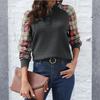 Ladies' Casual And Fashionable Diamond Patterned Patchwork Long Sleeved Round Neck Top