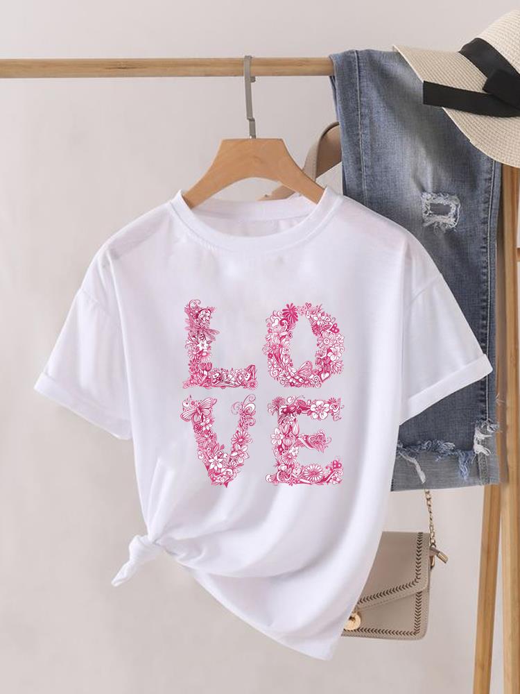 (Asian Size) Love Letter Trend Cute Short Sleeve T Shirt O-neck Tee Clothing Top Casual Fashion Print Lady Female Women Graphic T-shirts