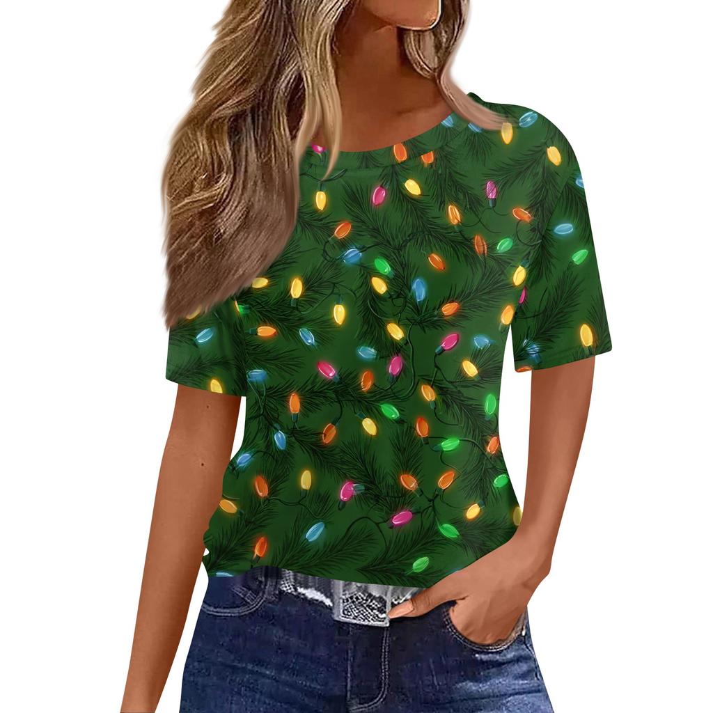 Women's Fashionable Casual Short Sleeve Christmas Print Round Neck Pullover Top