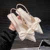 Temperament Satin Bow Pointed Back Empty Sandals Women's 2025 Spring New Satin Pointed Head Stiletto Cat Heel Single Shoes Women