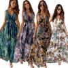 Boho Dress Sexy Deep V Neck Dress Printed Backless Maxi Dress Summer Beach Sleeveless Lace Up Dress