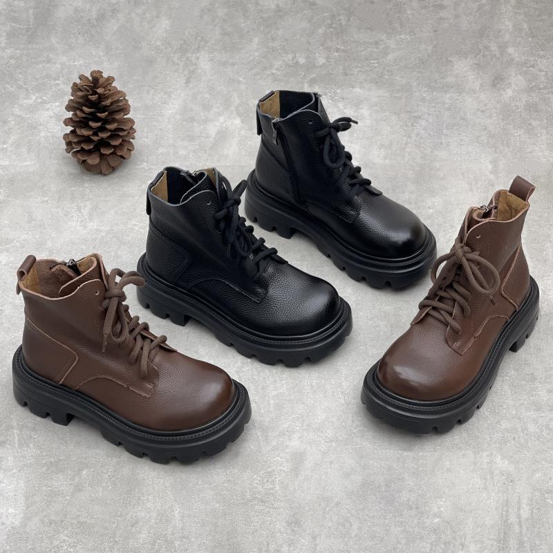 Johnature British Style Genuine Leather Thick Soled Short Boots Versatile Women's Shoes