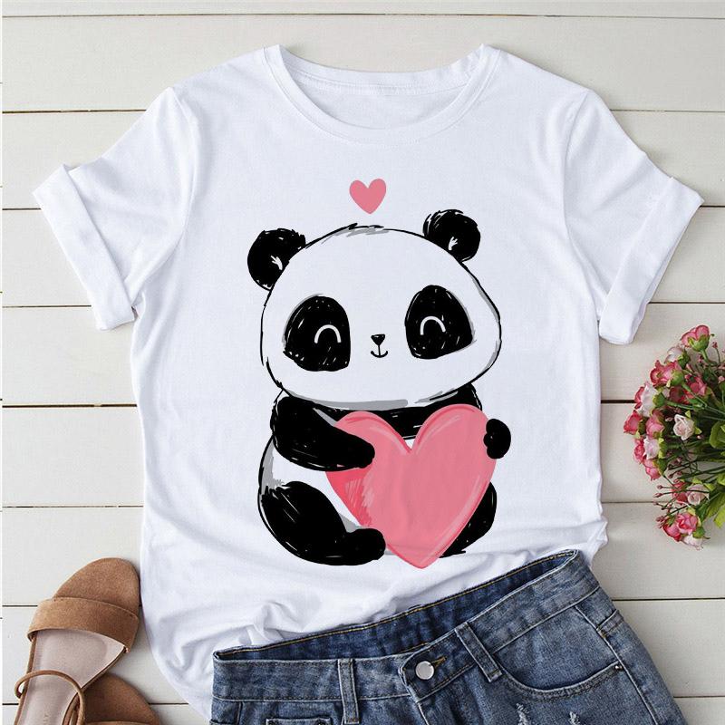 Aesthetics Cute Panda Print Women Basic Tees Cartoon Top O-Neck Simple Tee Short Sleeve T-Shirt Ladies Tees Graphic White Tshirt