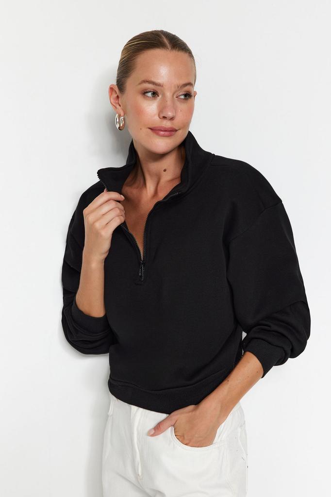 Women's Fashionable Stylish Sweatshirt Black Comfortable Cut Crop Basic Zippered High Collar Thick Inside Fleece Knitted Sweatshirt