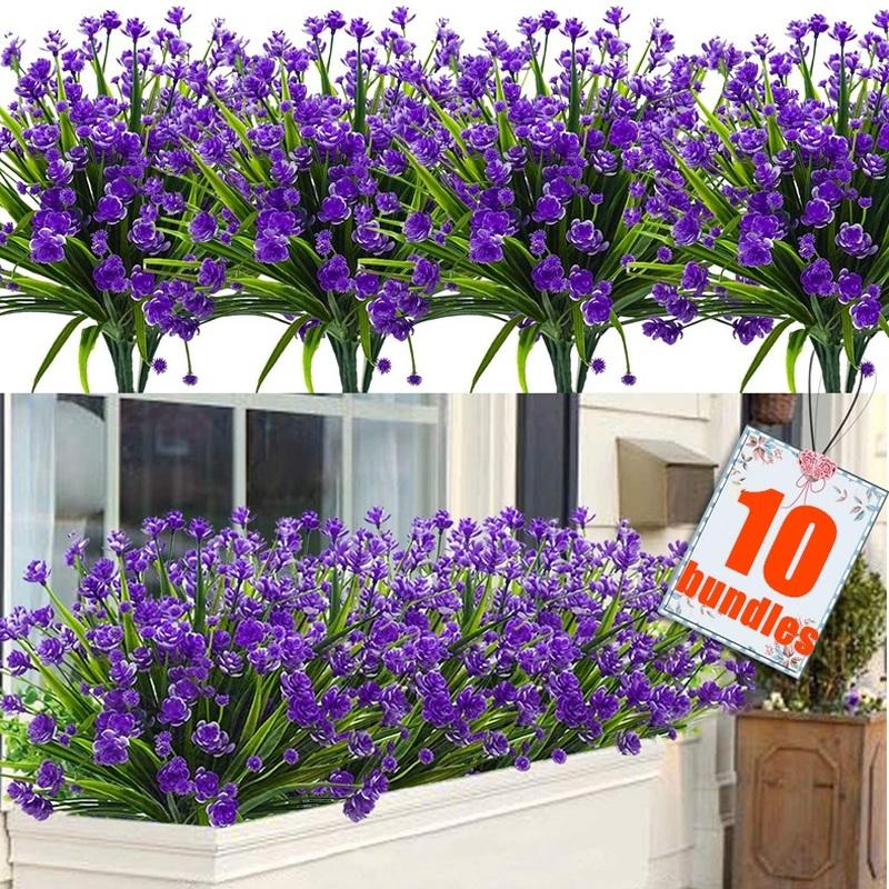 10 Bundles Artificial Flowers UV Resistant Faux Outdoor Plastic Greenery Shrubs Plants Home Garden Decor