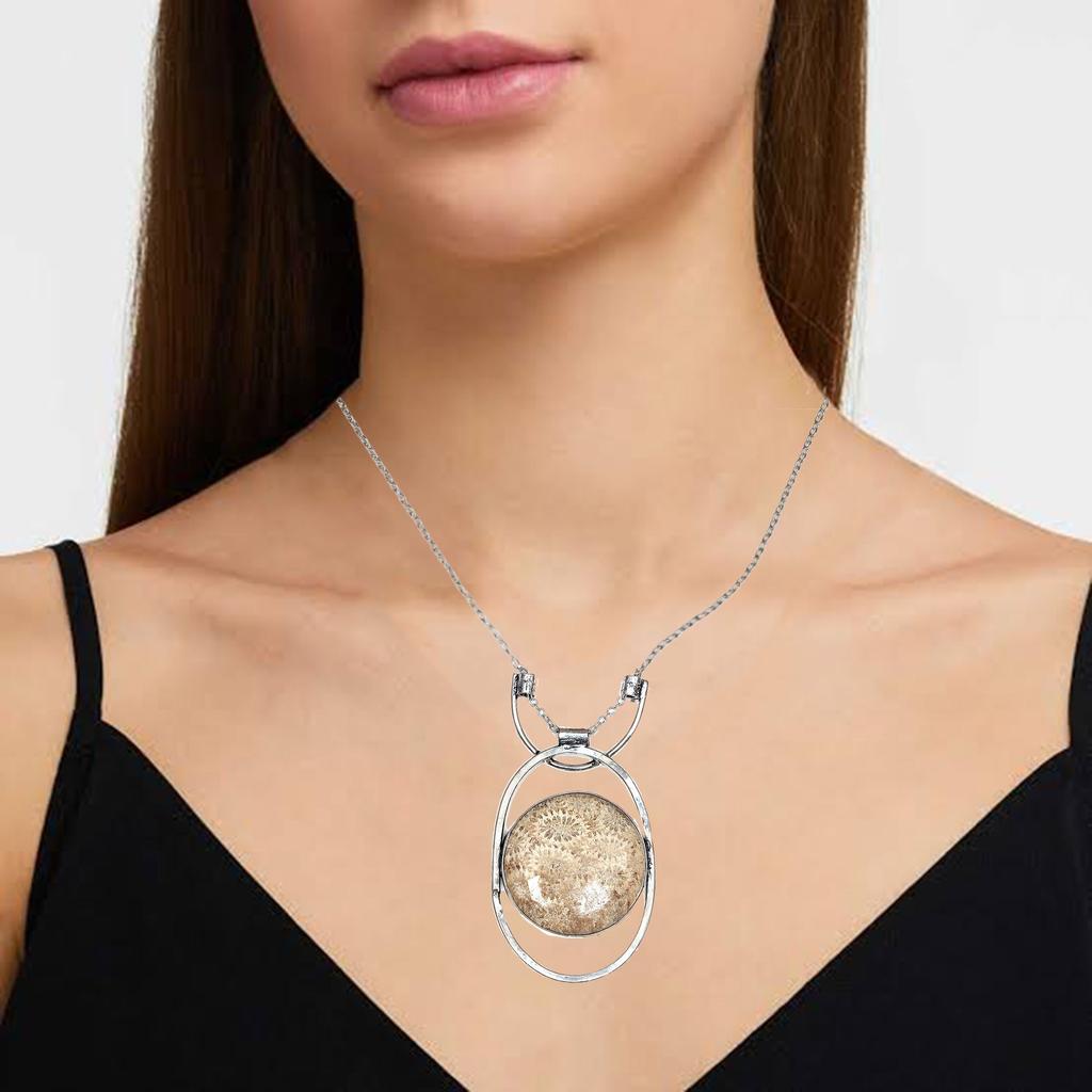 Necklace Fossil Coral Gemstone Jewelry Handmade Pendant 20" Natural