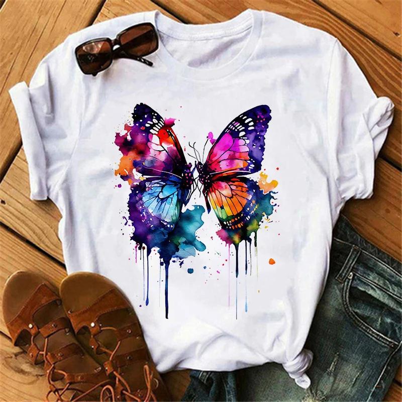 Women's Butterfly Tree Print Harajuku T-Shirt Round Neck Top Short Sleeve Casual Summer Tee Shirt Summer & Spring Clothing