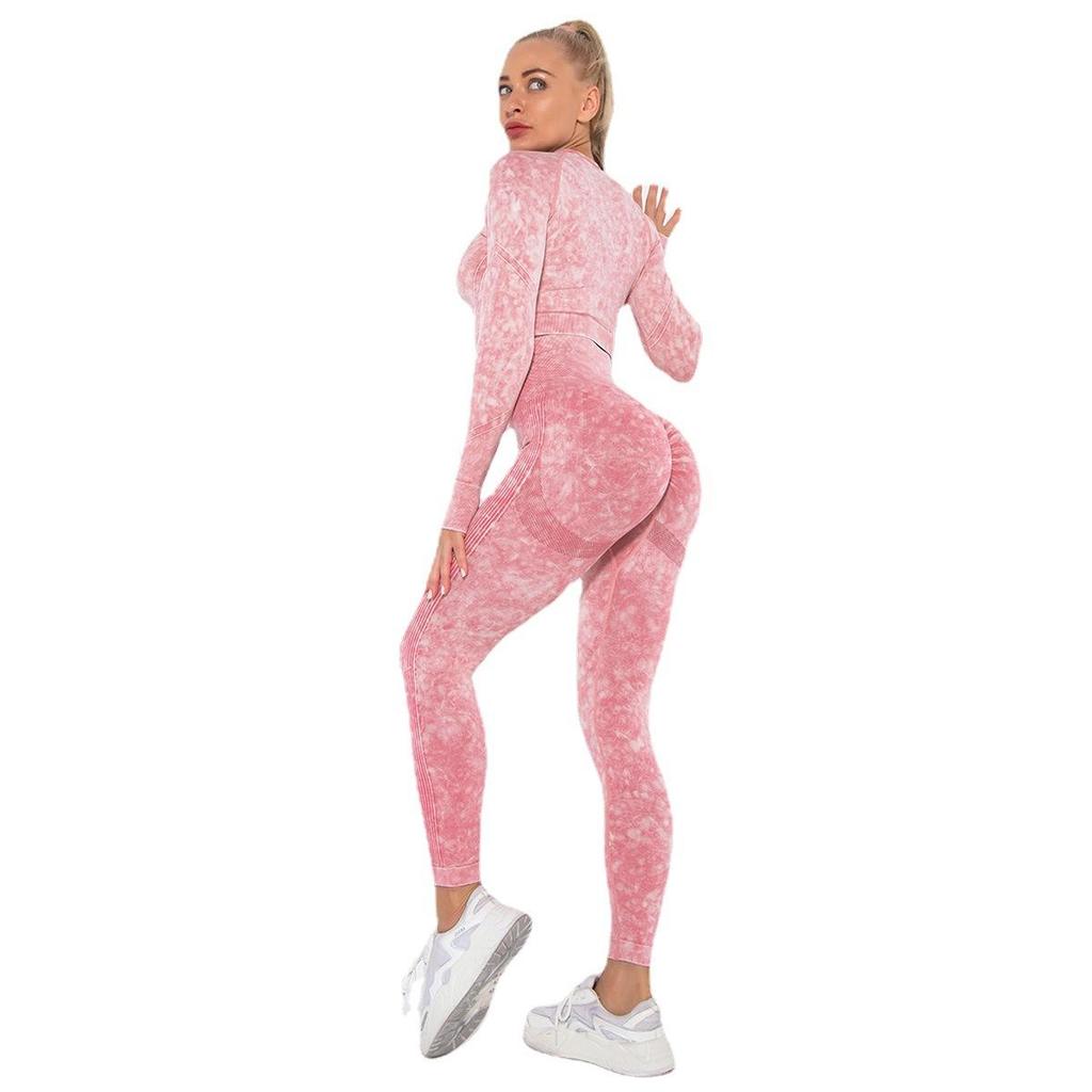 Women Seamless Washed Peach Hip Lifting Sports Running Fitness O Neck Long Sleeve Pant Suits
