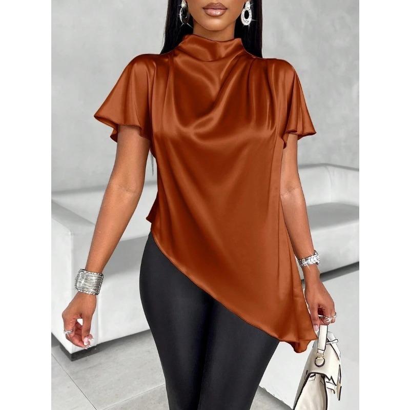 Satin Colored Shirt for Autumn Winter Bat Sleeves Asymmetrical Hem Shirt Top Blouses & Shirts